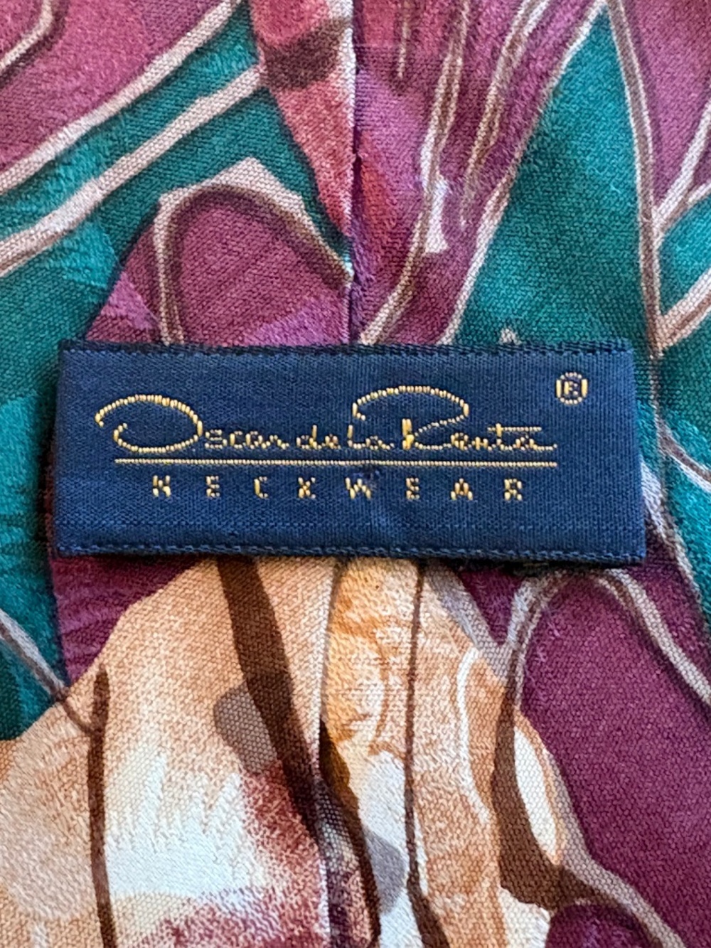 Vintage Oscar de la Renta Silk Floral Necktie Burgundy Teal